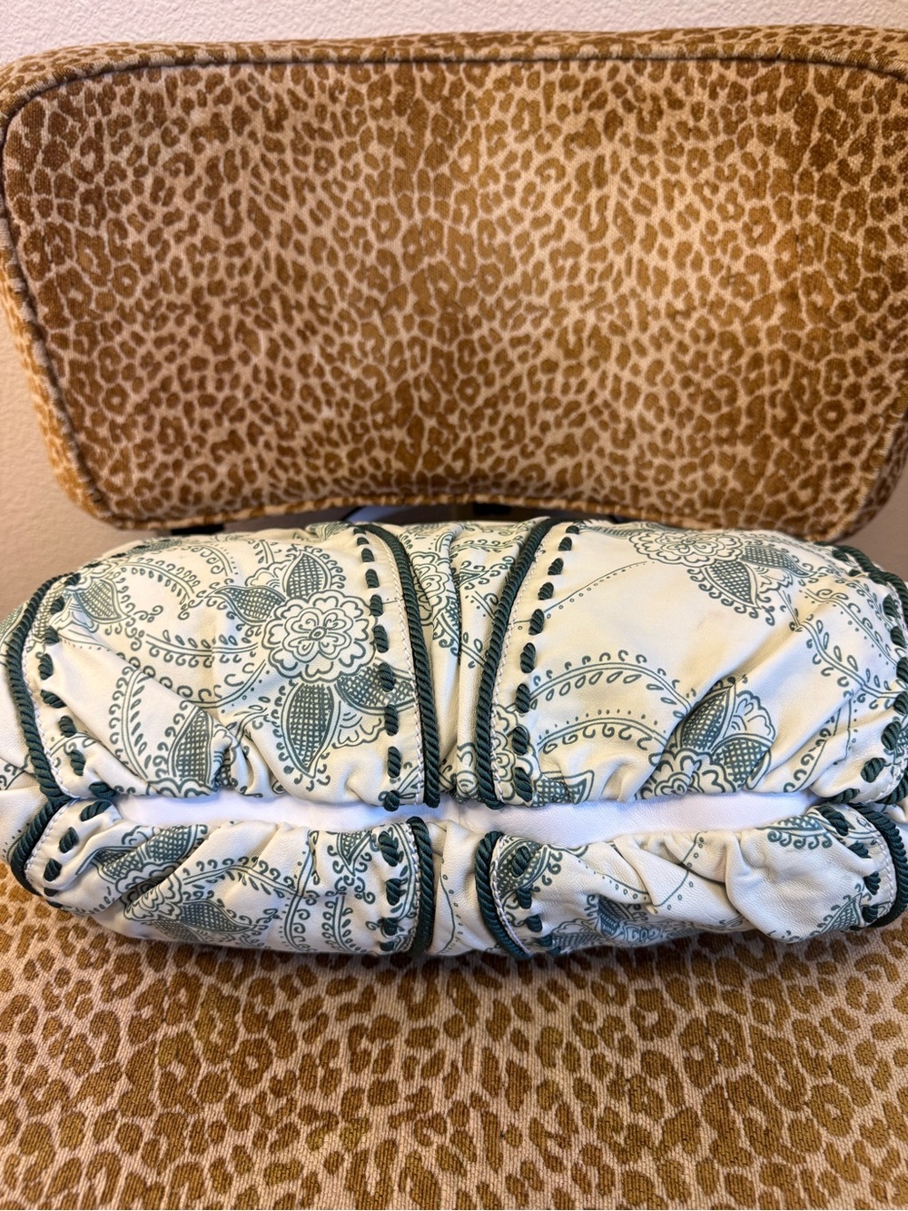 💯Auth! VINTAGE ROBERTO CAVALLI Cream/Green Floral Leather Bag w Braided Tassel - Picture 9 of 16